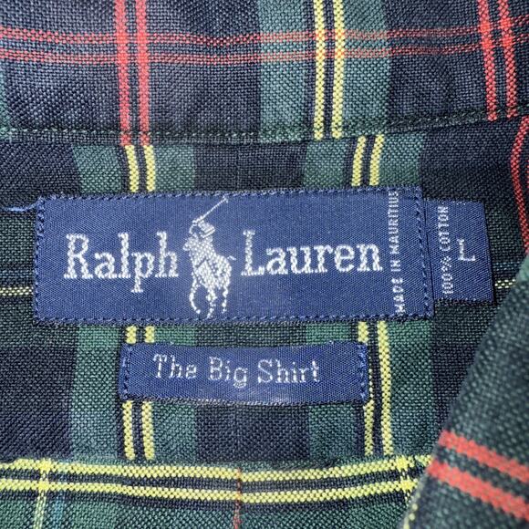 Vintage‎ 90s Polo Ralph Lauren The Big Shirt Men’s Large Green Tartan Plaid - Picture 3 of 5